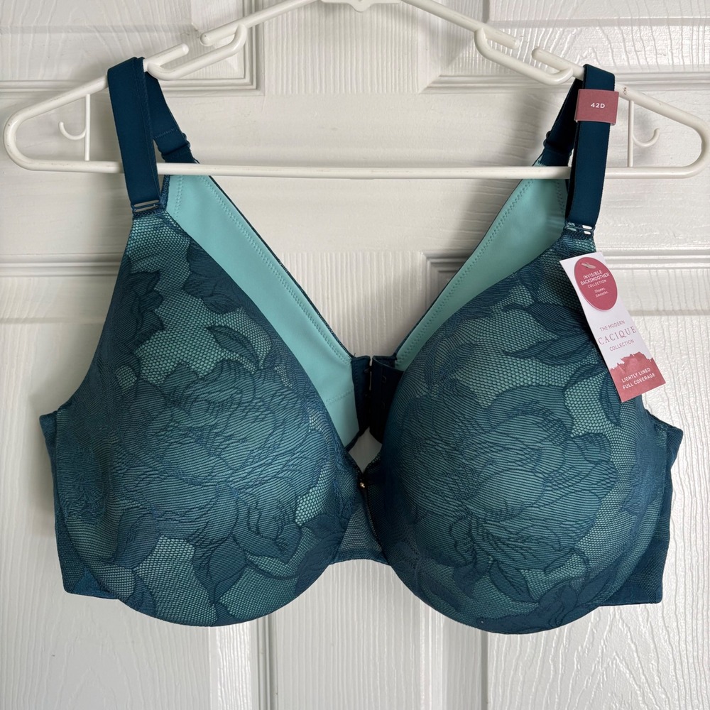 Cacique Full Coverage Bra 42D Teal Blue Floral Lace Invisible Backsmoother 0820